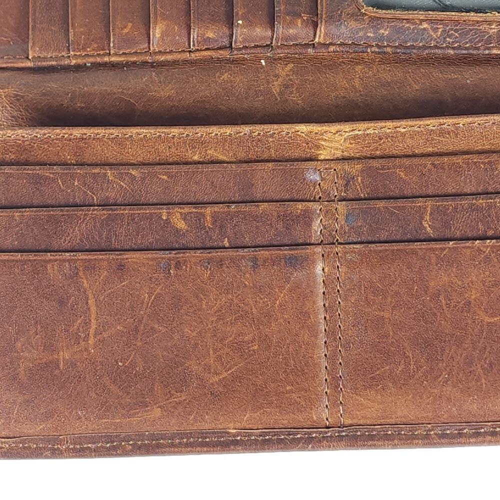 Frye Melissa Continental Cognac Brown Distressed Leather Snap Trifold Wallet - Picture 13 of 13